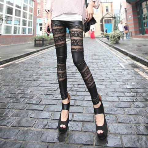 free shipping wholesale 4pcs/lot Faux leather patchwork pants female autumn lace gauze cutout rose ankle length trousers legging