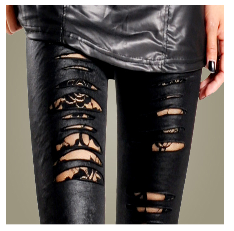 free shipping wholesale 4pcs/lot  sexy lace gauze hole legging faux leather patchwork ankle length trousers 2012 summer female