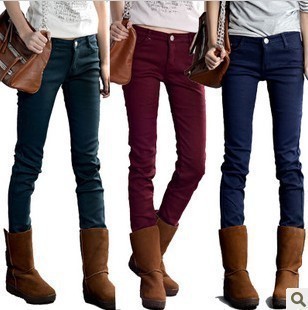 Free Shipping Wholesale Autumn and Winter Velvet Warm Pencil Pants Jeans, Skinny Jeans Woman Boots Pants red navy purple