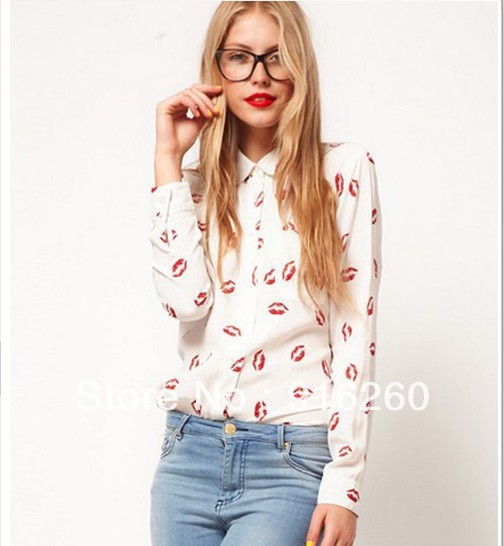 Free shipping Wholesale Autumn women's fahion blouse,lady's red lips pattern round lapel long sleeve shirt  shirt/ plus size