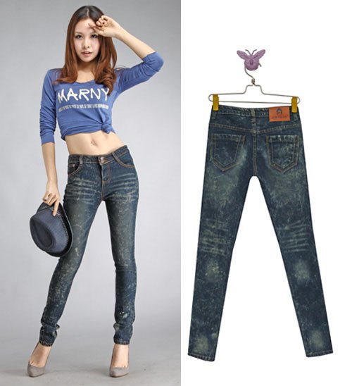 Free Shipping Wholesale Cat Whisker Double Buckle Snowflakes Vintage Distressed Brief High Elastic Pencil Jeans Pants AD9328LK