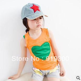 Free Shipping!!!Wholesale Children summer cotton Modal vest, girl's fashion love hearted patchwork vest tops10 pieces/lot #CV01