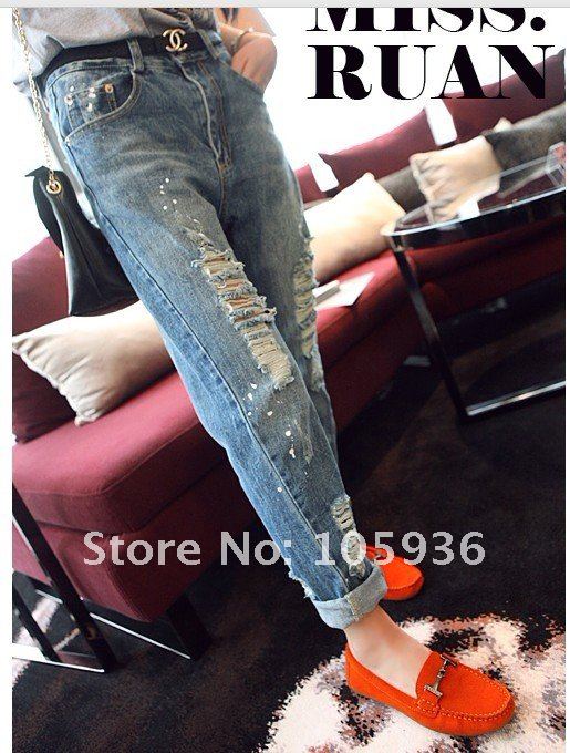 Free Shipping Wholesale Classical Vintage Detailed Loose Woman Torn jeans Denim Sexy Jeans Jeggings Trousers 1pcs/lot