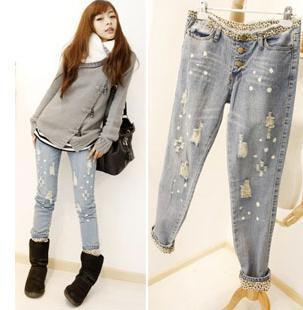 free shipping Wholesale Classical Vintage Detailed Woman Side Bow Cutout Ripped Denim Sexy Jeans Jeggings Trousers