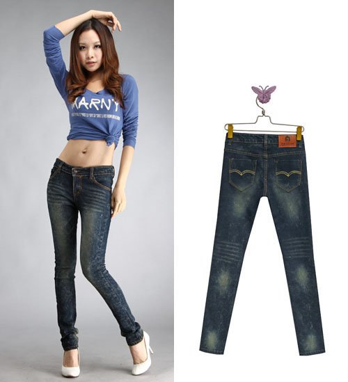 Free Shipping Wholesale Contracted Cat Whisker Snowflakes Distressed Pleated High Elastic Pencil Pants, Women Jeans AD9330LK