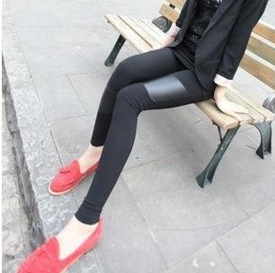 Free Shipping Wholesale Cool Ladies'CottonTight Leggings Splicing Leather Pantyhose  Slim Stretch Pants