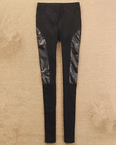 Free Shipping Wholesale Fashion Black Faux Leather Panel Leggings Skinny Ladies Tights Pencil Pants