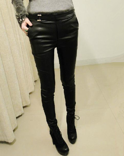 Free Shipping Wholesale Fashion Black Faux Leather Panels Skinny Cotton Pants Women's Tights