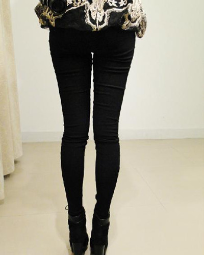 Free Shipping Wholesale Fashion Black Leggings with Side Skull Detail Faux Leather Insets Tights Skinny Ladies Pants