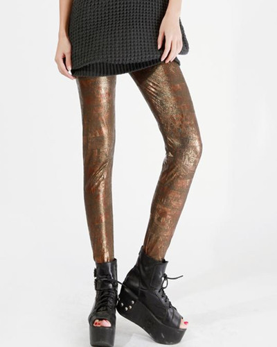 Free Shipping Wholesale Fashion Gold Letter Printed Leggings Faux Leather Tights Women's Pants