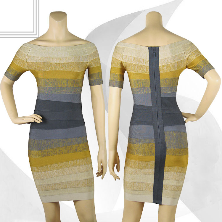 Free Shipping Wholesale Fashion Woman Party Wear/Boat-neck Short Sleeves Omber Yellow and Gray Bandage Dress L260