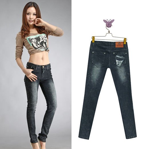 Free Shipping Wholesale Good Quality Doll Pocket SnowflakesRetro High Waisted Denim Cowboy Pencil Pants Jeans Women AD9328LK