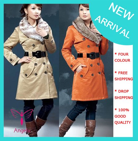 Free Shipping Wholesale Ladies' Slim Cotton blend  Coat With Belt Fur Collars 4 colours WO-016