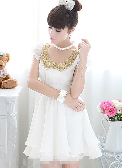 free shipping wholesale new fashion Women Lapel the white chiffon dress with Yellow sequins women's clothing MOQ 1PC# ZHL012