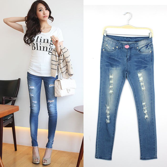 Free Shipping Wholesale Promotion! cheap women jeans, distressed wash white straight leg jeans for women, denim pants, AD9542LK