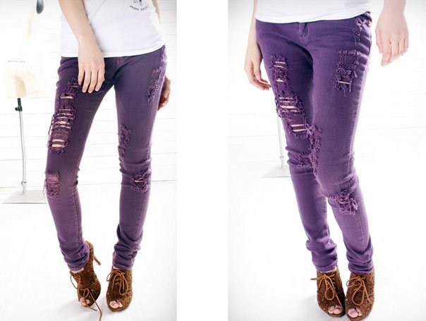 Free Shipping Wholesale Promotion! street trendy distressed personalized pencil pants, women trousers, purple, NWT AD9119LK