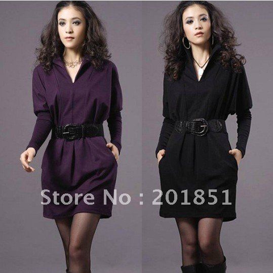 Free Shipping[Wholesale&Retail]100% Brand New2012 Autumn Women's Fashion Casual OL Knitted Long-Sleeve Dress With Belt Plus Size