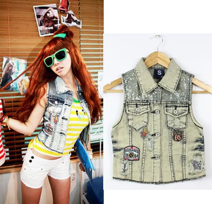 Free Shipping Wholesale/Retail Badge Distressed Beading Denim Waistcoat , vest women, ,denim vest AD9456JJ