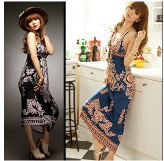 Free Shipping [ Wholesale & Retail ] Fashion Bohemian Printed V neck Maxi Dress Beach Summer Long Dress drop shipping support