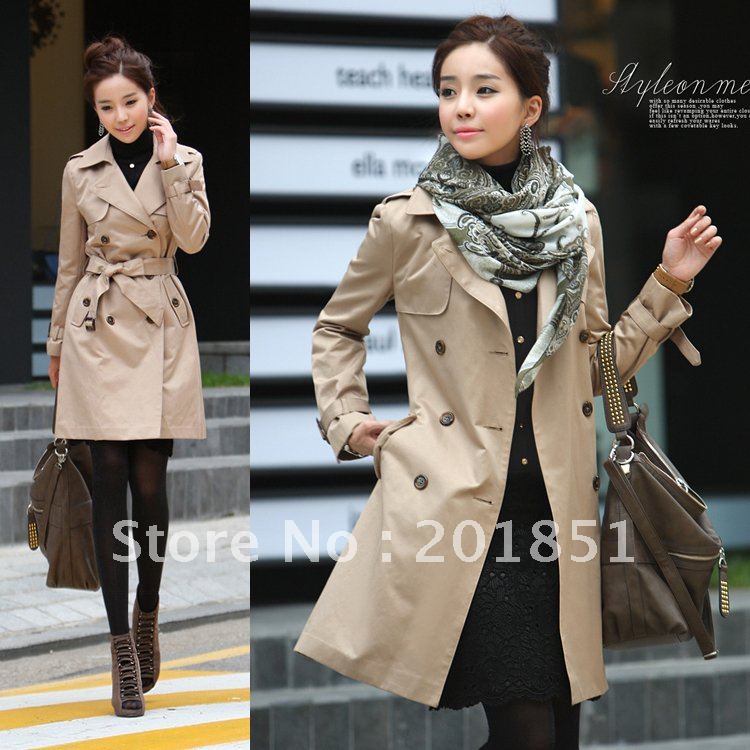 Free Shipping [Wholesale&Retail]Guaranteed 100%  Korean Style Cotton Women's Trench Coat  Double Breasted Long Overcoat/Clothes