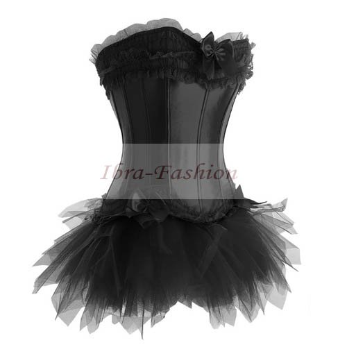 Free Shipping Wholesale Sexy Black Gothic Corset+tutu skirt set basque Lingerie Sexy Lingerie boned strapless corsets skirts