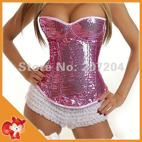 Free shipping Wholesale Sexy PInk Corset bustier lingeries Overbust Rouge burlesque costume Sequin Zipper Corsets push up