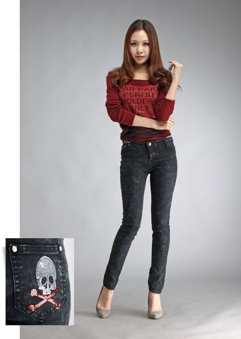 Free Shipping Wholesale Skeleton Head Grinding Hair High Elastic Cowboy Pencil Pants, Women Jeans AD9331LK