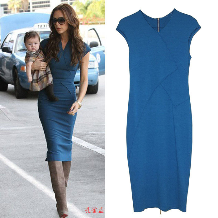 Free Shipping Wholesale V-Neck Cap Sleeves Victoria Beckham Zip Body Fitting Celebrity Dresses Tea Length Office Lady Dress -v1