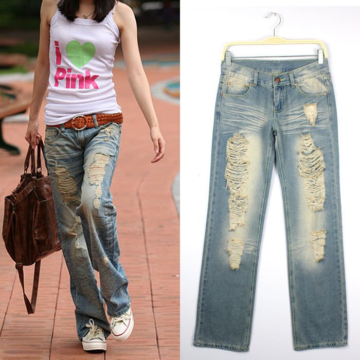 Free Shipping Wholesale Vintage Distressed Hole Straight Denim Jeans For Women MOQ: 1pc AD9933LK