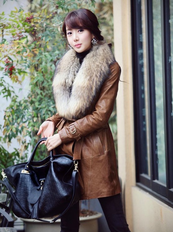 free shipping Wholesale - women's fur collar leather coat luxurious leather fur coat black brown drop shipping retail