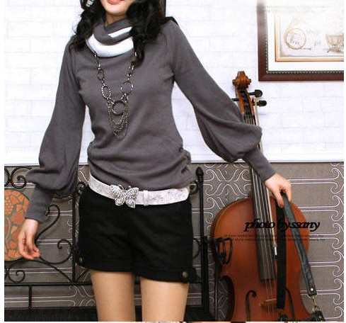 Free Shipping Wholesale Women's Shirt Cotton New Fashion Lantern Sleeve Long Sleeve T-shirt 4 colors