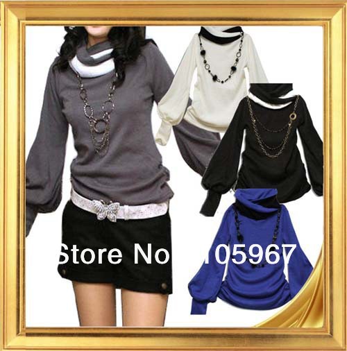 Free Shipping Wholesale Women's Shirt Cotton New Fashion Lantern Sleeve Long Sleeve T-shirt 4 colors W13015