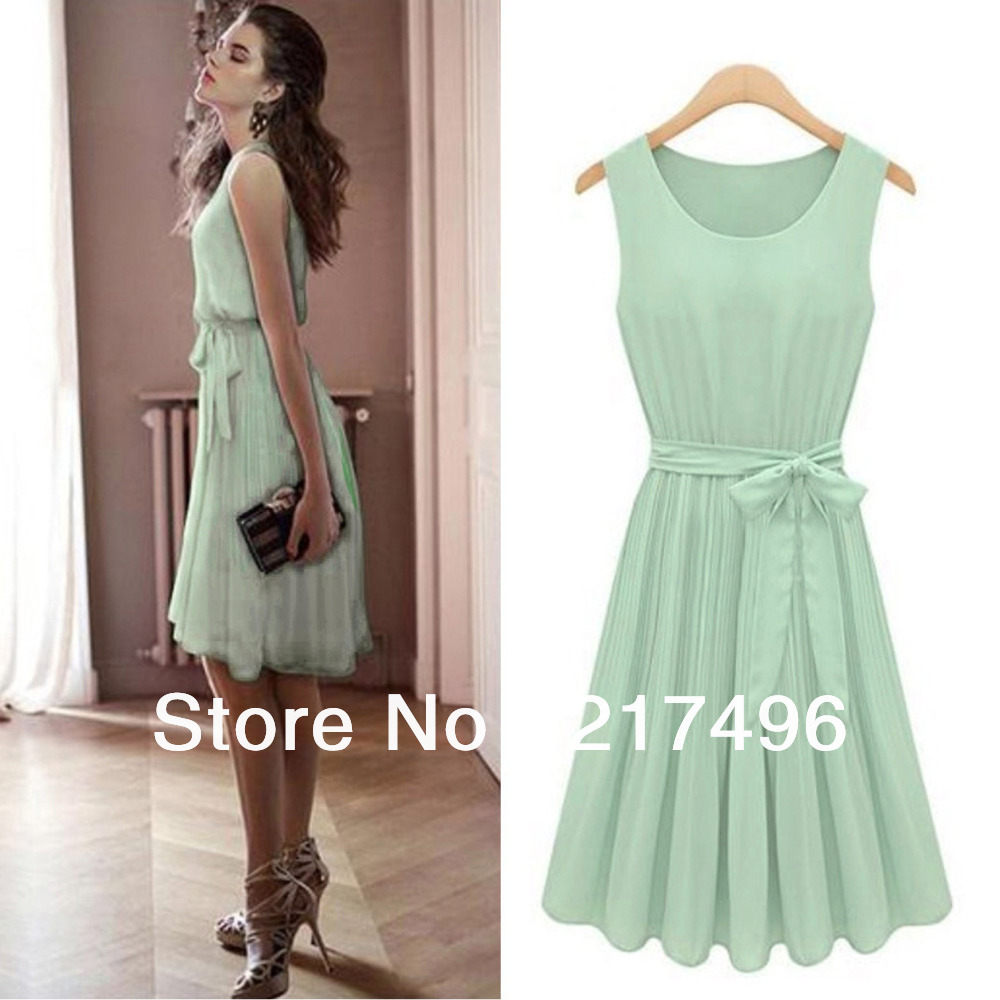 Free shipping wholesale Womens Sleeveless Mint Green Pleated Chiffon Sweet/Party Vest Lolita Dress With belt  in Asain size