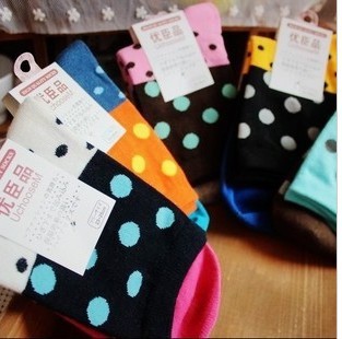 Free Shipping Wholesales Korean South Korea New Candy Color Stitching Dot  Ladies Cotton Socks  FC12146