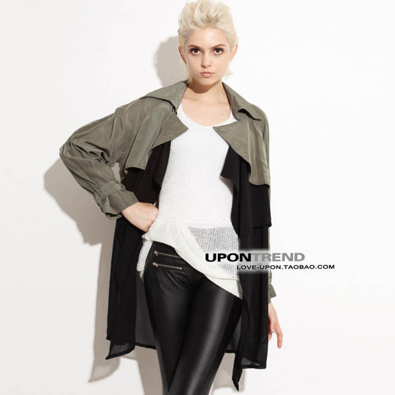 Free shipping Wi0312 2012 autumn irregular cupro chiffon patchwork color block long-sleeve trench