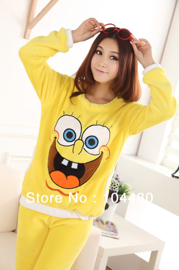 Free shipping winter coral fleece cartoon SpongeBob long-sleeved women pajamas/round neck nightwear