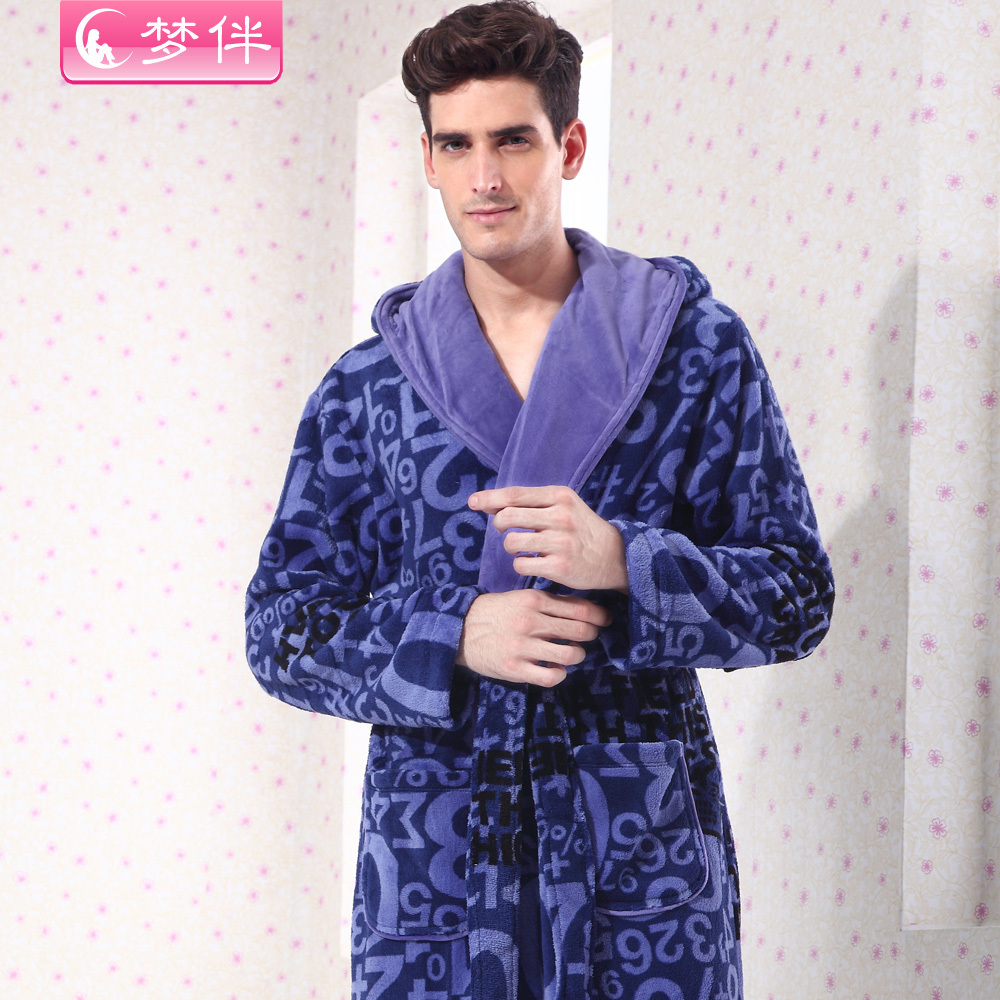 Free shipping Winter coral fleece robe male sleepwear long-sleeve lounge thickening thermal m341