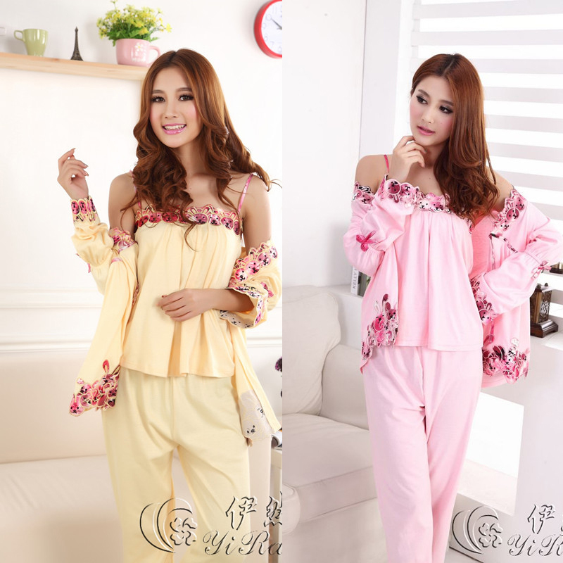 Free shipping Winter embroidered knitted cotton sleepwear sexy spaghetti strap rabbit lounge piece set female