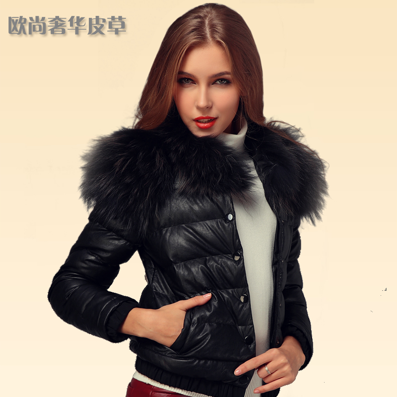 Free shipping Winter fashion female winter outerwear large raccoon fur collar cotton leather clothing