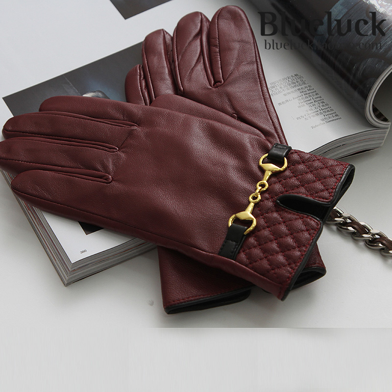 Free shipping Winter fashion perfect chain decoration genuine leather sheepskin gloves plus velvet 2 a