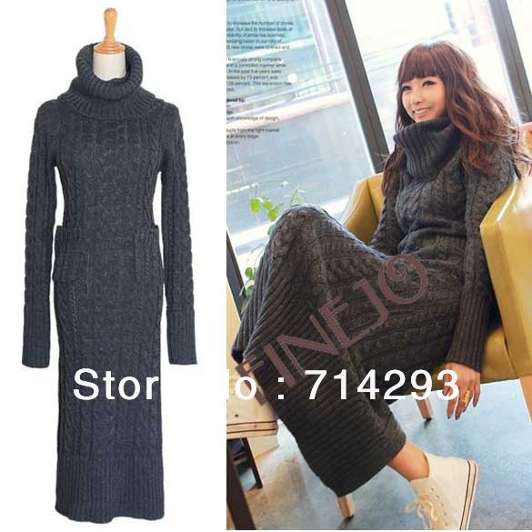 Free Shipping Winter Fashion Vintage Casual Turtleneck Heap Twisted Long Maxi Sweater Dress 9379