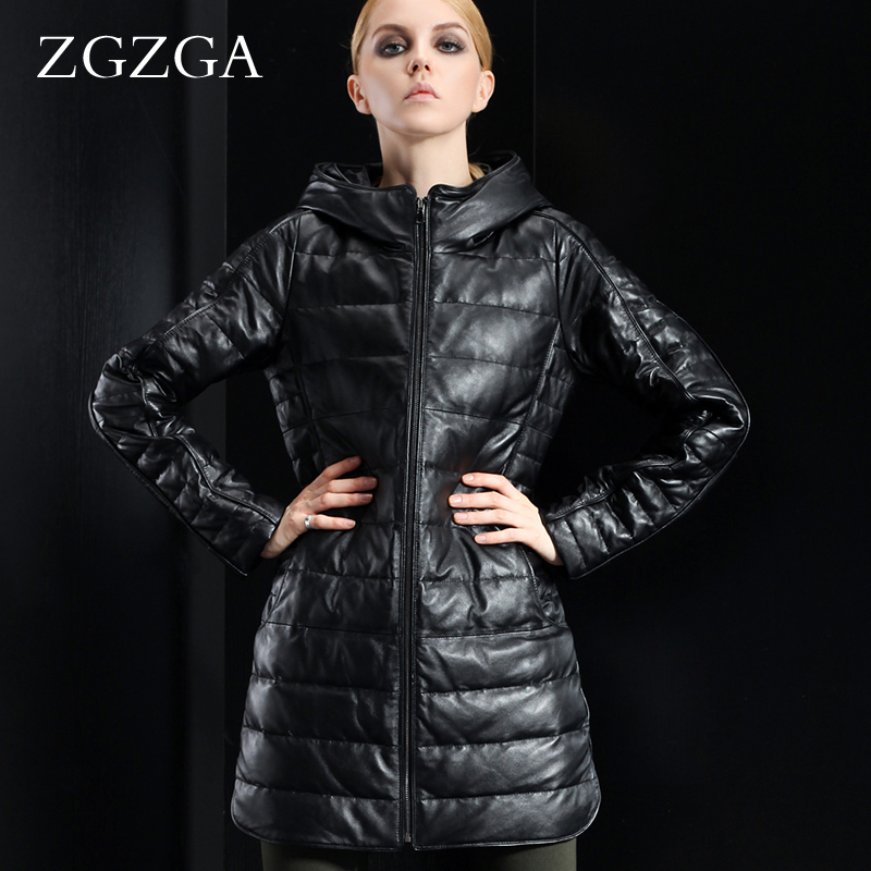 free shipping  winter hooded genuine leather sheepskin slim long design women's down coat leather coat