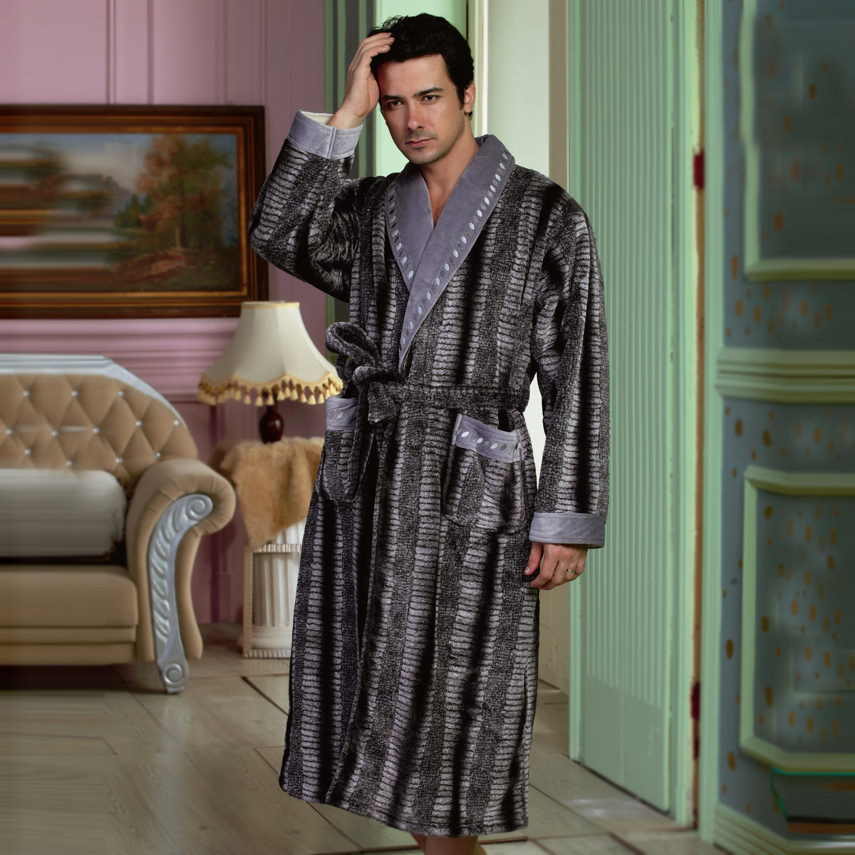 Free shipping  winter male coral fleece robe super soft ultra long bathrobe 98153