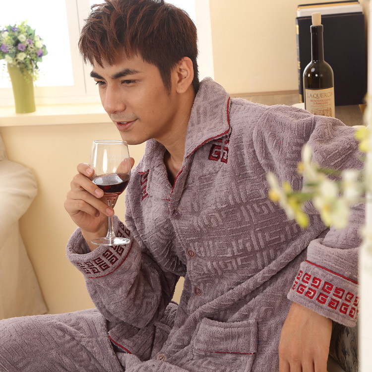 Free Shipping Winter male thickening flannel sleepwear long-sleeve personalized embroidered coral fleece lounge