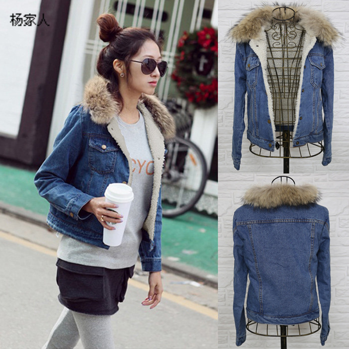 Free shipping Winter plus cotton thickening berber fleece fur collar denim outerwear denim wadded jacket