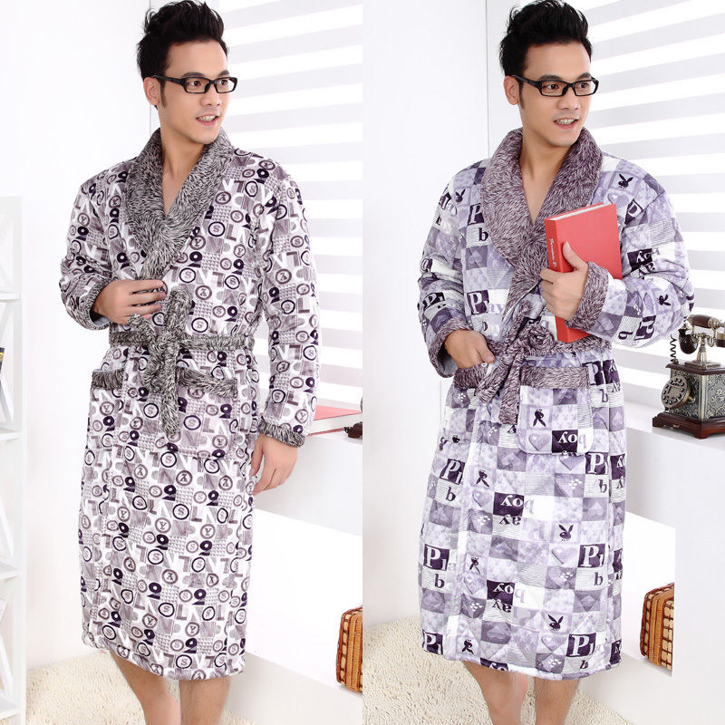 Free Shipping Winter thermal thickening cotton-padded robe male double faced coral fleece robe bathrobes male sleepwear lounge