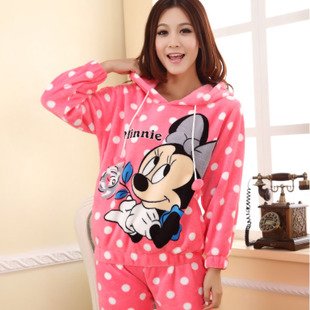 Free Shipping Winter Thick Pajamas Sleepwear Women Flannel Pajamas Mickey Mouse Sleepwear  For Lady Nightwear Causal Clothes