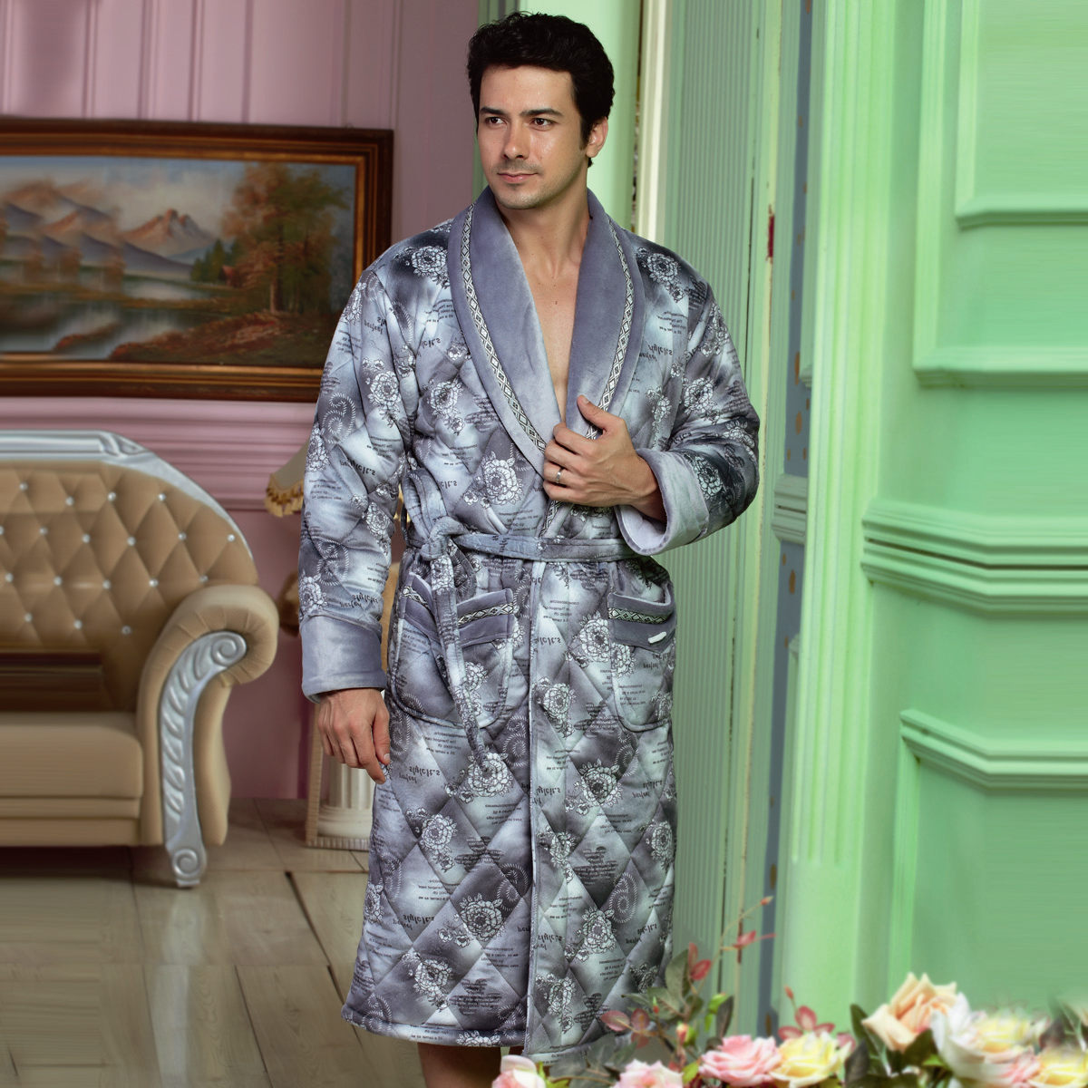 Free shipping  winter thickening coral fleece male cotton-padded robe quality bathrobes 98279