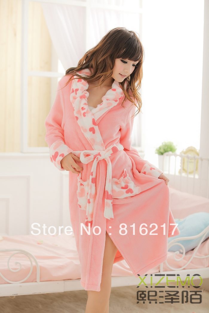 Free shipping Winter thickening coral fleece sleepwear women's robe bathrobes loose plus size long design lounge