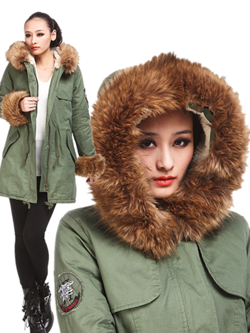 free shipping! winter thickening cotton-padded jacket outerwear Army Green raccoon large fur collar medium-long wadded jacket